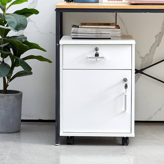 Mobile 2 Drawer File Cabinet with Lock, Wooden Under Desk Filing Cabinet with Wheels, Small Rolling Storage Cabinet for Home Office Organizer A4/Letter Size/Legal, White