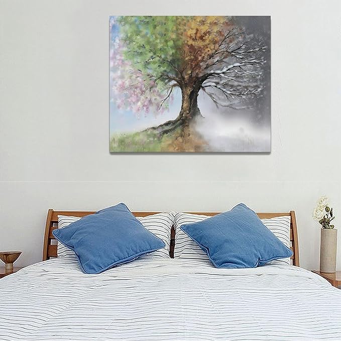 Tree of Life Wall Art Four Season Trees Pictures Decor Rustic Nature Canvas Country Painting Modern Artwork Home Decorations for Bathroom Living Room Bedroom Office Framed 24"x20"