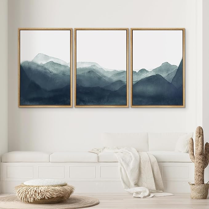 SIGNWIN Framed Canvas Print Wall Art Blue & Green Mountains in Fog Nature Wilderness Illustrations Modern Art Rustic Scenic Relax/Calm Cool for Living Room, Bedroom, Office - 16"x24"x3 Natural