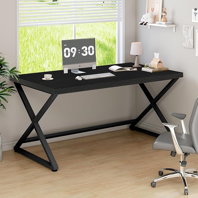 IBF Black Computer Desk, Simple Work Desk for Home Office, Industrial Writing Study Desk in Bedroom, Modern Wood Metal Pc Gaming Laptop Workstation Executive Computer Table, Black Oak, 47 Inch