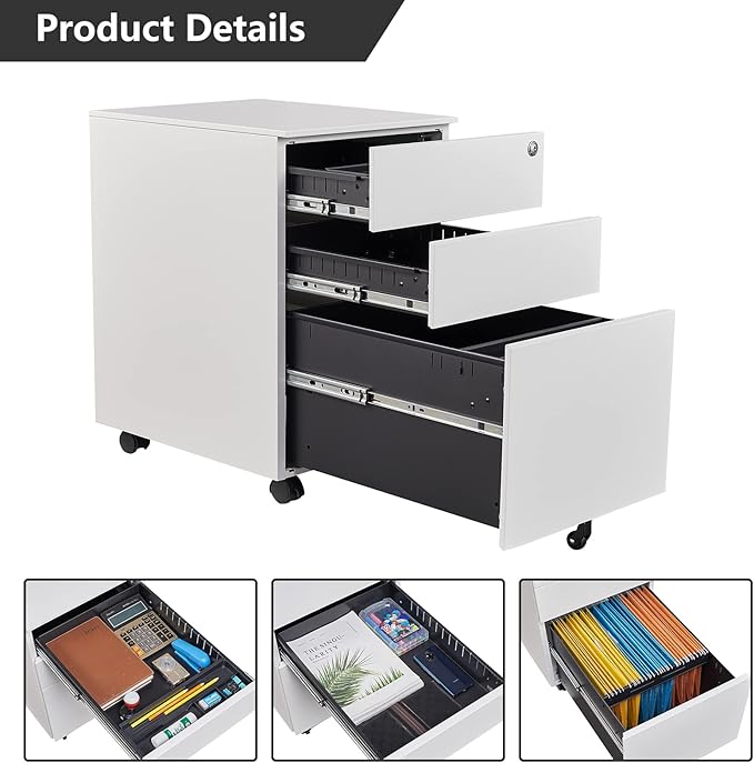 Rolling File Cabinet, 3 Drawer Locking Filing Cabinet, Under Desk Office Metal Storage Cabinet for Legal/Letter/A4 File (Fully Assembled Cabinet,White)