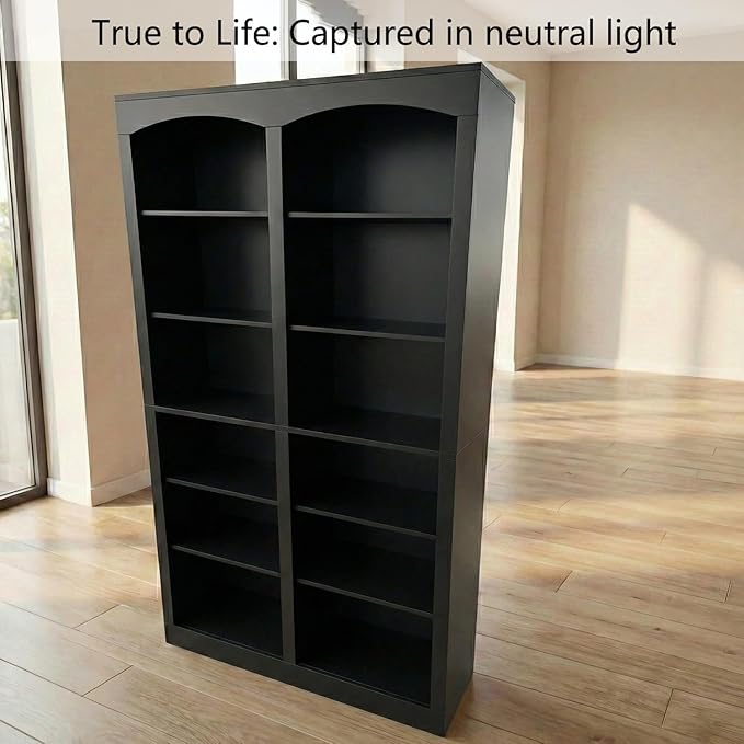71" Tall Bookcase, Double Wide Black Bookshelf with Arched Design, 12-Tier Open Wood Display Shelf Storage Organizer for Living Room, Home Office (41.6" W x 70.8" H)