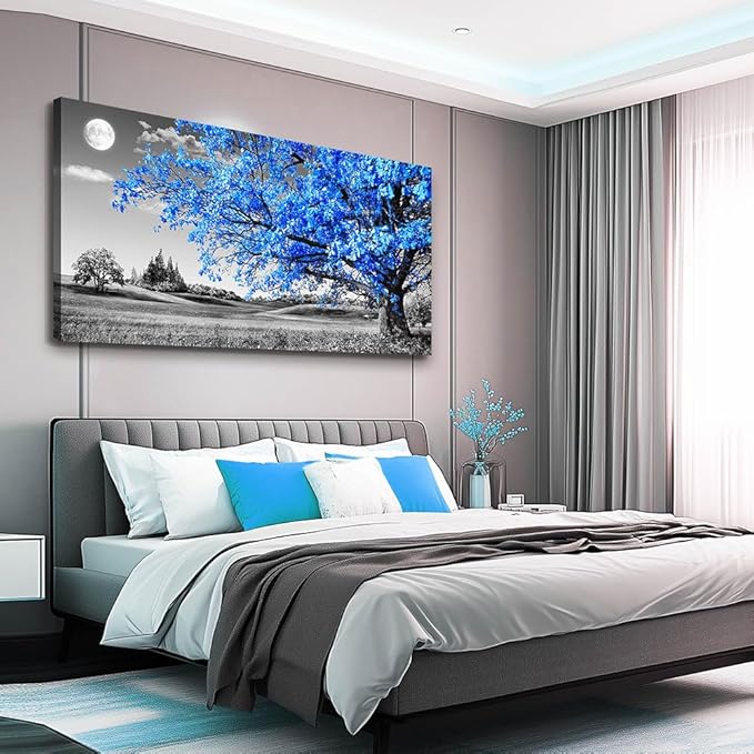 large wall art for living room Blue moon tree landscape Abstract painting office bedroom Wall Decor 30" x 60" single Pieces Canvas Prints Ready to Hang for Home Decoration Black and white Works of art