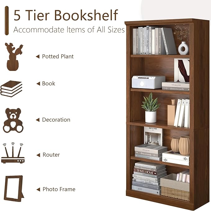 5-Tier Bookshelf Basic Book Case, Wooden Storage Shelves Rustic Bookshelf, D:12.8" x W: 30.7" x H: 68.4", Sturdy Display Cabinet for Living Room, Library, Office, Bedroom, Classic Oak
