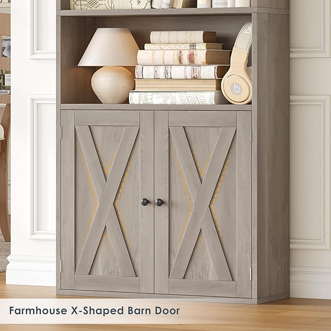 FACBOTALL 82" Tall Bookcase and Book Shelf, 24" Wide Bookshelf with Doors, 7 Tier Bookcase with Storage and Adjustable Shelf, Open and Display Farmhouse Bookshelf for Living Room, Home Office, Gray