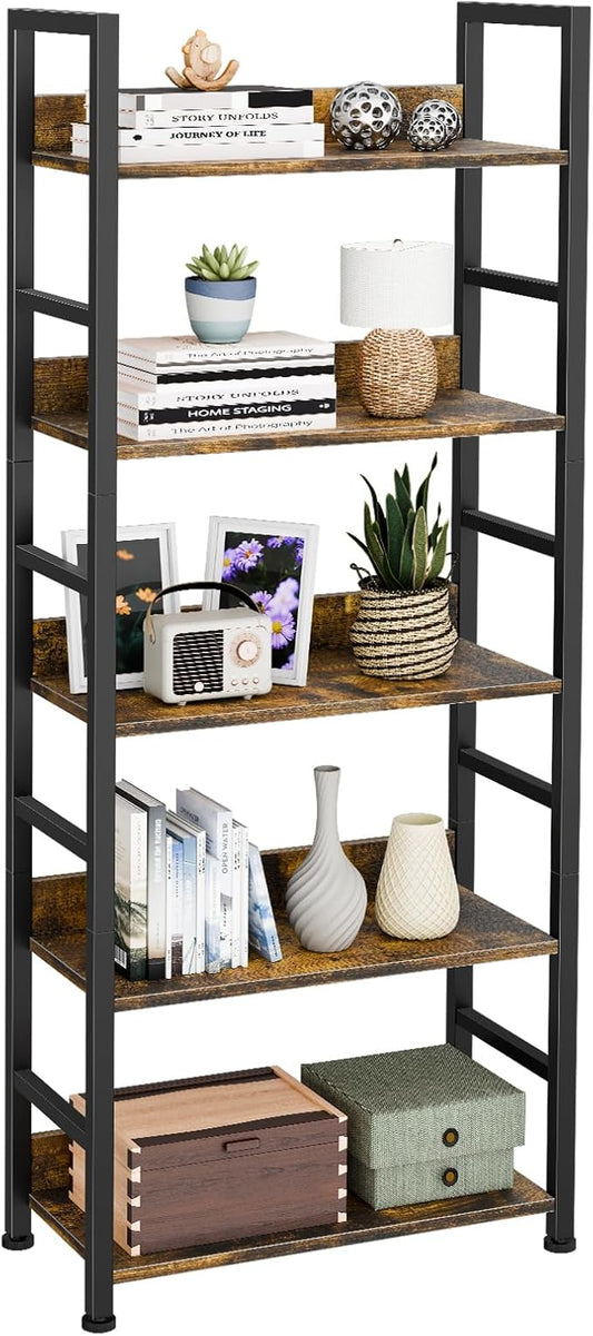 Bookshelf, 5 Tier Industrial Bookcase, Vertical Tall Bookshelf, Wood and Black Metal Open Shelves, Farmhouse Storage Rack for Living Room, Home Office, Bedroom, Rustic Brown
