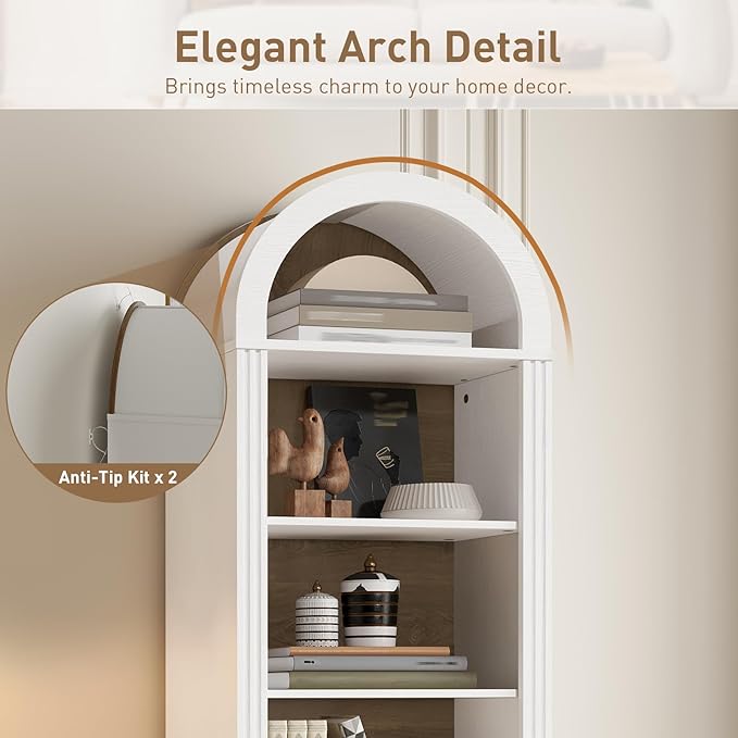 Tall Narrow Bookshelf, Arched Bookshelf with 2 Drawers, 7-Tier Farmhouse Arch Bookcase, Wooden Book Shelf with Open Display Shelves for Office, Living Room, Kitchen, White and Walnut