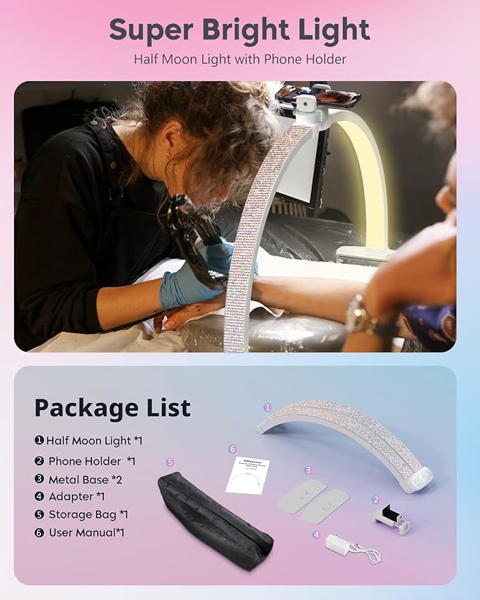UBeesize 29" Foldable Half Moon Nail Desk Lamp with Phone Holder, 4700lm 3000K–6500K Dimmable LED Arc Light, CRI≥95 Shadow-Free Lighting for Manicure, Salon, Tattoo & Content Creation, Crystal Diamond