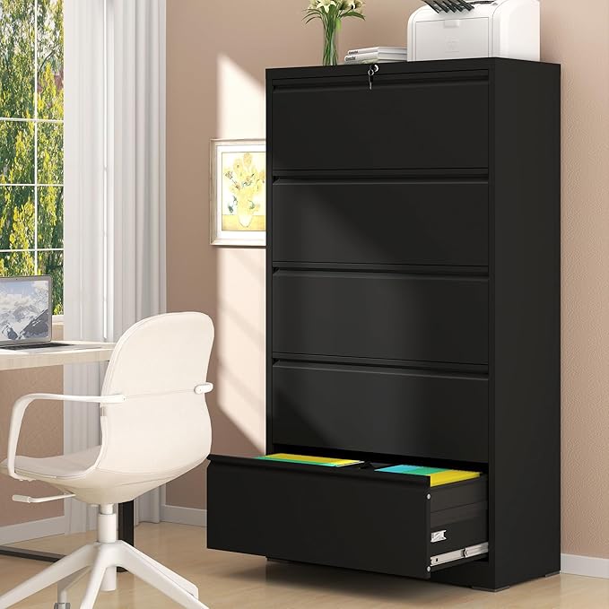File Cabinet with Lock, 5 Drawer Lateral Filing Cabinet for Home Office, Metal Heavy Duty File Cabinets for Hanging Letter/Legal/F4/A4 Size Files, Assembly Required (Black)