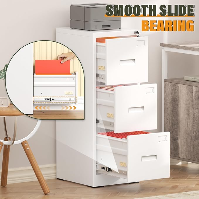 Greenvelly 3 Drawer File Cabinet with Lock, Metal Filing Cabinet for Home Office, Locking Vertical File Cabinet, 18" D File Cabinets for Home Office, Easy Assemble (White)