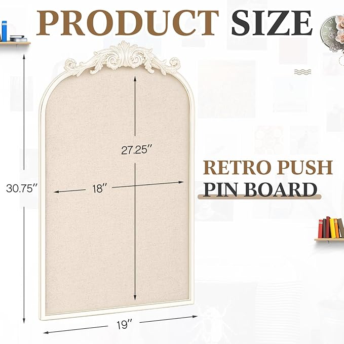 Vintage Framed Pin Board Linen Display Bulletin Board Large Cork Fabric Picture Photo Pinboard Memo Ornate Decorative Pinboard Ornate for Wall Gift(Arch,19" X 31",Vintage White)