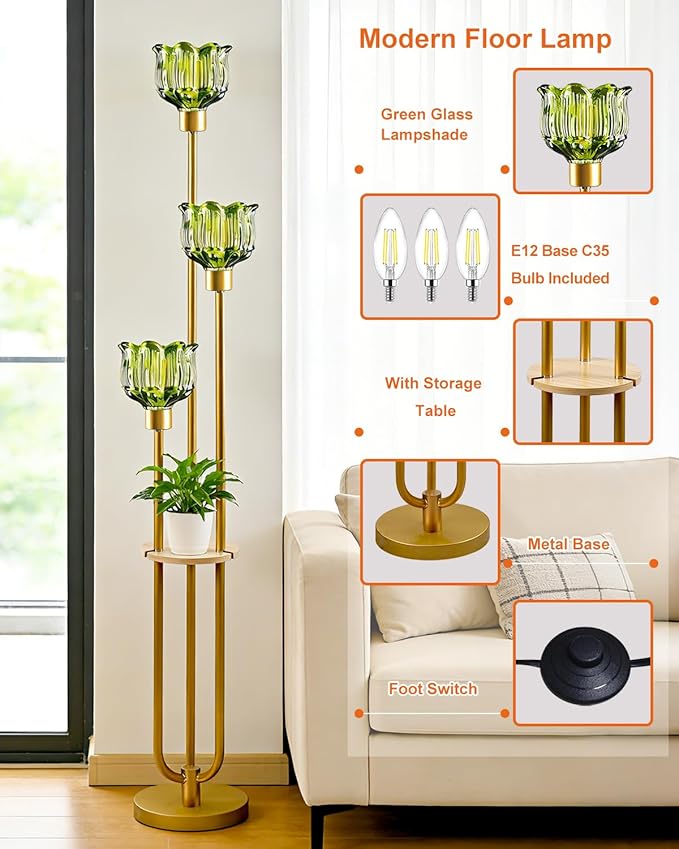 Lightdot Glass Floor Lamp for Living Room 3-Lights Modern Dimmable Gold Floor Lamp with Green Glass Shade & 3000K Bulbs Included Unique Tall Standing Lamp for Bedroom/Sofa Beside/Corner Decor
