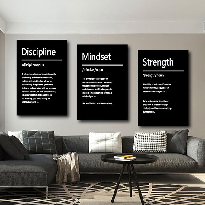 Strength Discipline Mindset Motivational 3 Piece Canvas Wall Art Posters Inspirational Entrepreneur Quote Positive Artwork for Living Room Office Wall Decoration Stretched and Framed [72''Wx 36''H]