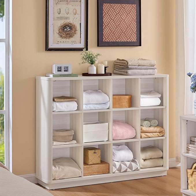 12 Cube Storage Organizer, 41" Large Bookshelf with Curved Edge, Wood Floor Standing 3-Tier Cubby Bookcase w/Base, Modern Display Storage Cabinet for Living Room, Office, Gray-White Cream Oak