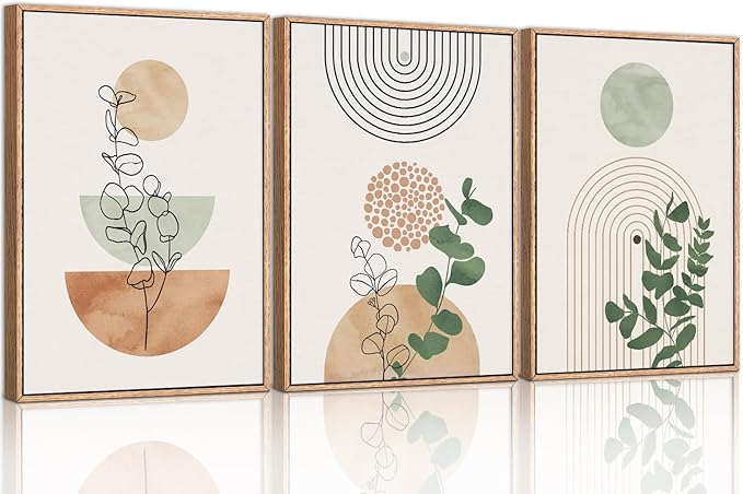 Boho Terracotta Green Framed Canvas Wall Art Set, Abstract Plant Wall Decor, Mid Century Modern Geometric Wall Painting, Neutral Abstract Art Print to Living Room, Bedroom, Office 36"x24"x3