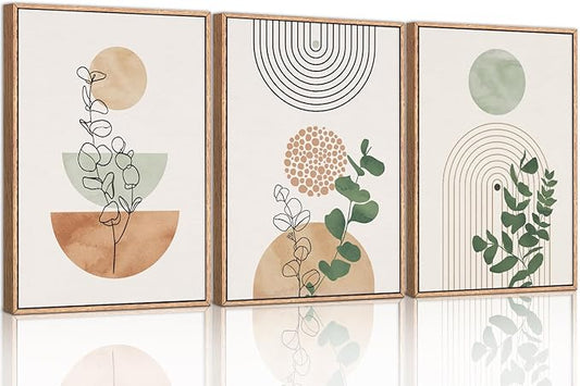 Boho Terracotta Green Framed Canvas Wall Art Set, Abstract Plant Wall Decor, Mid Century Modern Geometric Wall Painting, Neutral Abstract Art Print to Living Room, Bedroom, Office 36"x24"x3