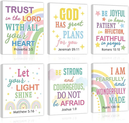 CHDITB Bible Verse Framed Canvas Wall Art, Scripture Typography Artwork, Rainbow Christian Wall Decor, Inspirational Bible Quote Poster, Boho Faith Art Prints For Kids Room Nursery Decor 8”X10”X6