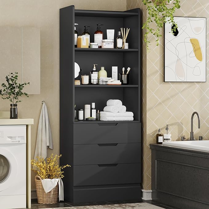 DICTAC Bookcase with 3 Drawers and Shelves 73.23'' Tall Bookshelf with Storage Modern Wood Closet Drawers System,Closet Organizer Unit Freestanding Tall Storage Cabinet for Home Office,Bedroom,Black