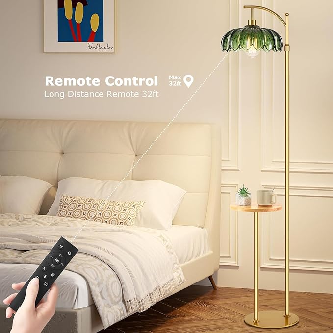 Gold Floor Lamp with Table and Shelves for Living Room Bedroom,Glass Standing Lamp with Remote Dimmable,Boho Brass Tall Lamp Vintage Farmhouse Arc Flower Floor Light Bohemian