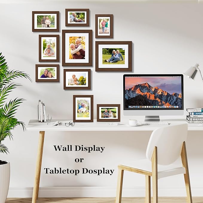 Picture Frames, Made of Real Glass and Wooden Frame, Gallery Photo Frames Set of 10 for Collage Wall Decor, Multi Sizes Including 8x10, 5x7, 4x6 for Mounting or Tabletop Display, Dark Brown