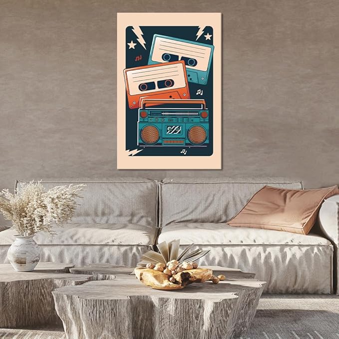 Vintage Music Canvas Wall Art - Retro Cassette Player Painting Mid Century Prints Poster Musical Artwork Pictures Wall Decor for Living Room Room Studio Bedroom Home, Framed & Stretched 24" x 36"