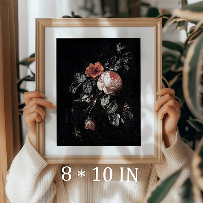 uniro Canvas Prints Art Vintage Decor Gothic Wall Art Moody Vintage Botanical Floral Canvas Prints Flower Pictures Dark Academia Decor Aestheti Rose Floral Paintings For Bedroom Bedroom Office (8" x 10"-UNFRAMED)