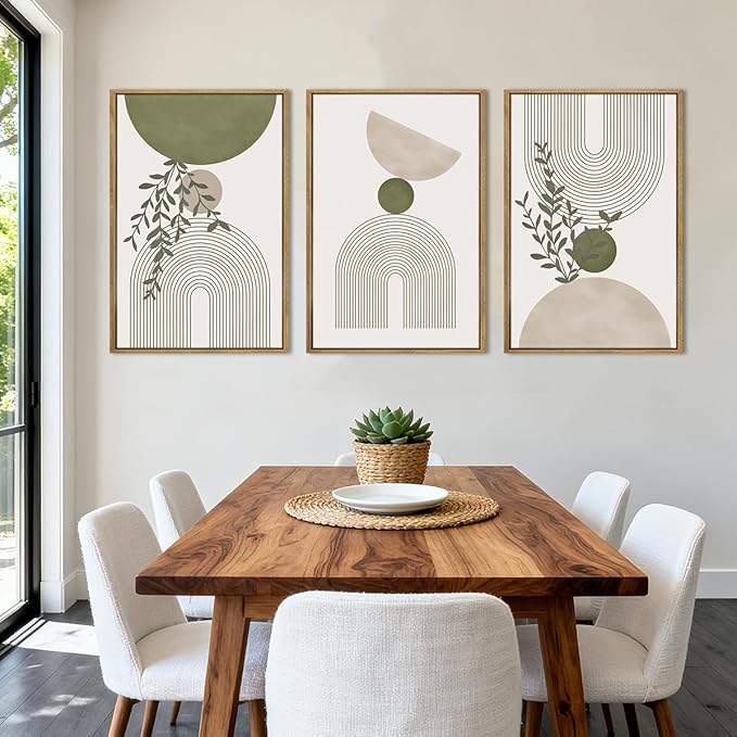 ANHUIB Boho Abstract Wall Art Canvas,Sage Green Wall Decor Framed,Geometric Line Art Prints Leaves,Minimalist Artwork Botanical,3 Piece 16x24In Beige Nature Painting for Living Room Bedroom