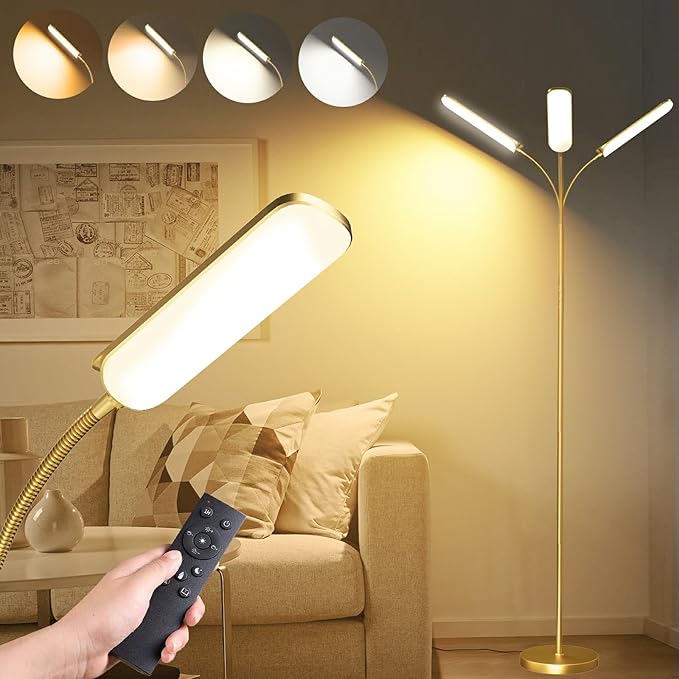 Gold Floor Lamp, 18W 1800LM Bright LED Floor Lamps for Living Room Bedroom, Dimmable Timing Eye Caring Reading Standing Lamp with Remote & Works with Smart Plug