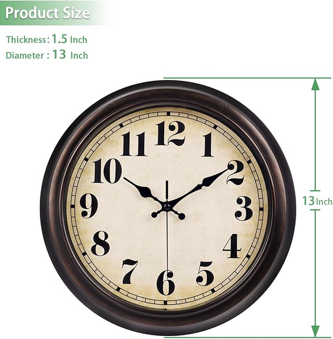 45MinST 13 Inch Red-Brown Vintage Large Wall Clock, Quartz, battery operated, Quiet Non-Ticking Accurate Movement with Bold Numerals, Elegant Home Decor