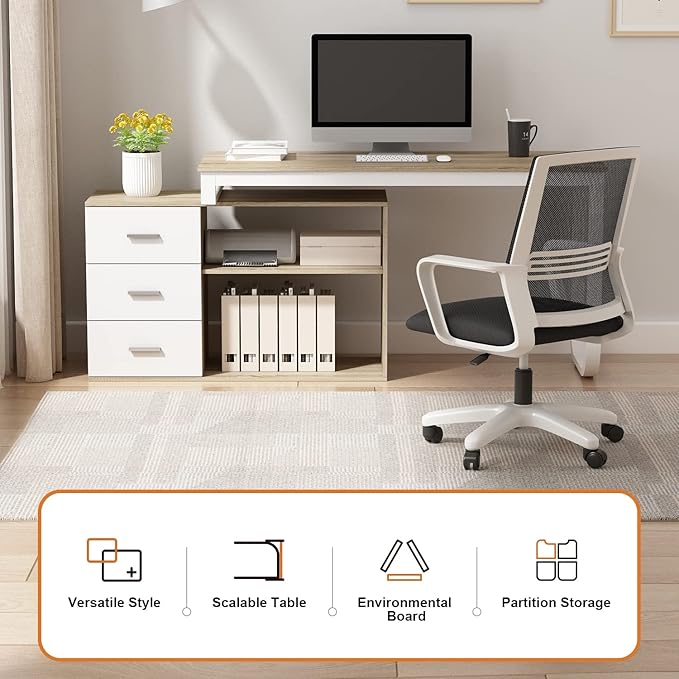 FUFU&GAGA 55.1" Large L-Shaped Office Desk with 41.3" File Cabinet, Corner Computer Desk with 3 Drawers & 2 Shelves, Workstation Executive Desk with Storage Shelf for Home Office - Beige