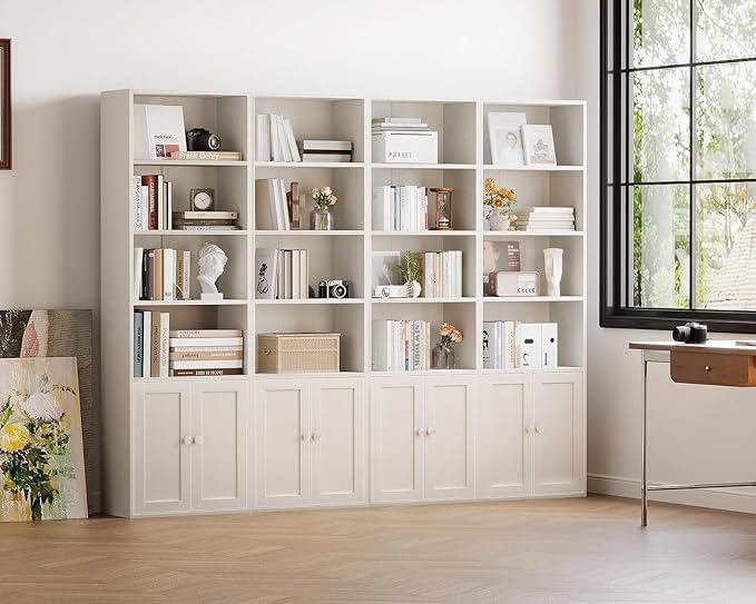 Casaottima Bookshelf and Bookcase with Doors, Floor Standing 6-Tier Shelf Display Storage Shelves, Tall Bookcases for Home Office, Living Room, White 2 Pack