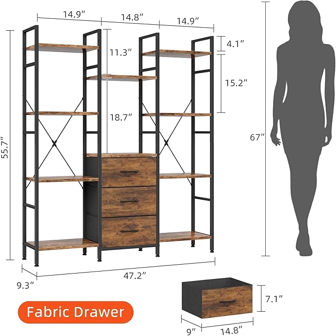 Triple Bookshelf with 3 Fabric Drawers, 4-Tier Book Shelf and 10 Display Shelves, Industrial Large Bookcase for Home & Office, Rustic Brown, 47'' Wide
