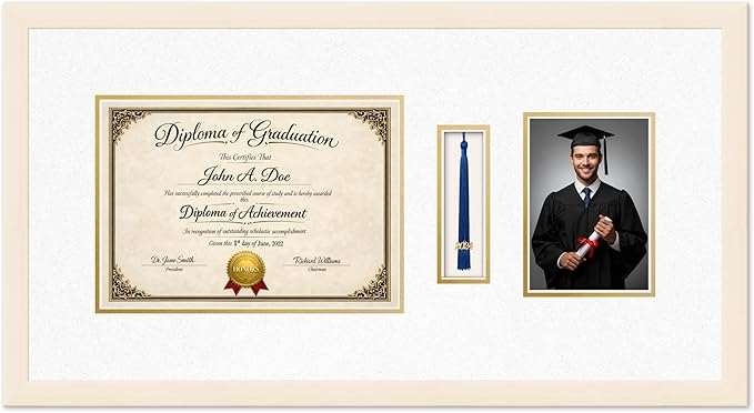Diploma Tassel and Photo Frame Coastal Whitewash Shadowbox Oyster Shell Over Gold Mat - Fits 11.69 x 8.27 Degree Picture Made in the USA