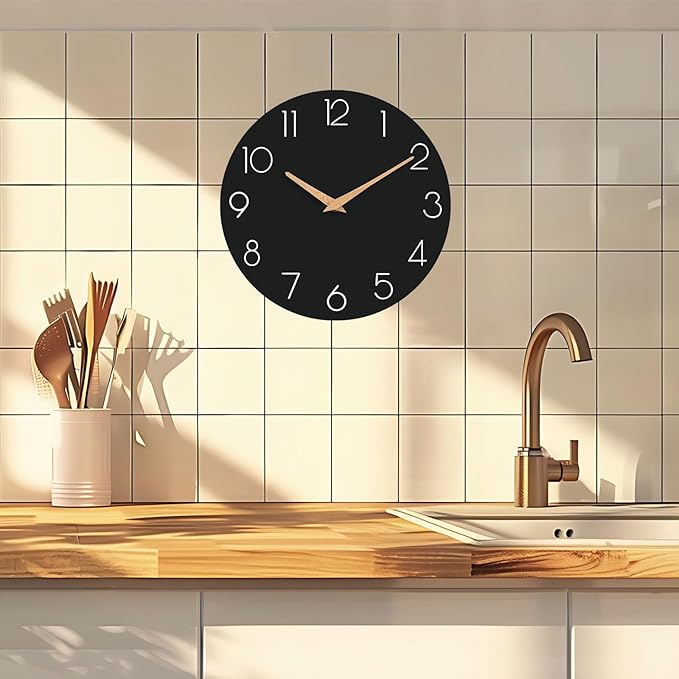 Wall Clock, Black Silent Non-Ticking, Decorative Battery Operated Wall Clocks for Bedroom, Kitchen, Home, Office, School, Hotel (8 Inch)