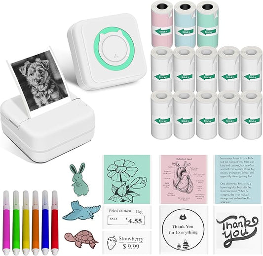 Aptika Mini Printer - Portable Sticker Maker with 14 Rolls Sticky Thermal Papers, Inkless Label Maker Machine for Study Anatomy Graphics Photos Address, Green