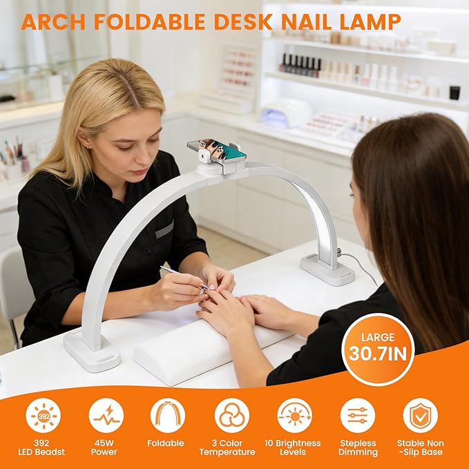 Half Moon Light for Nail Desk: 29" Half Moon Nail Tech Light with Phone Holder -Foldable Shadow-Free Arch Nail Table Lamp with with 3 Color Modes & 10 Brightness for Manicure Salon (White, 29 inch)