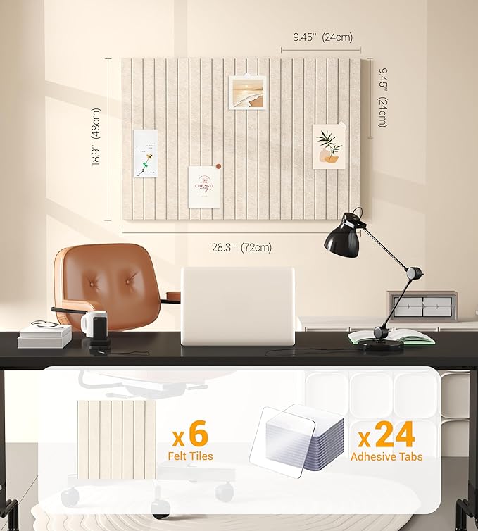 1/2" Thick Cork Board for Office, 6 Pack Felt Wall Tiles -28"x18" with Safe Adhesive Tabs, Large Bulletin Board, Push Pin Board Organizer Wall - Beige