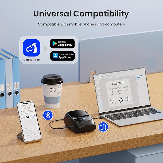 CLABEL Label Maker Machine with Tape, 221B Thermal Bluetooth Label Printer 2 Inch Portable Barcode Inkless Sticker for Small Business, Retail Office,Office, Home, Came with 1 Roll Label (Black)
