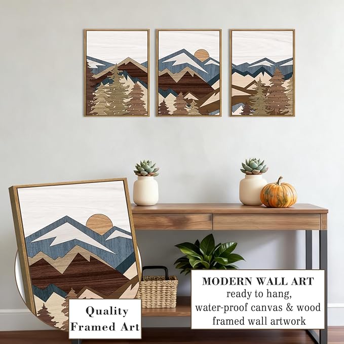 BINCUE Framed Boho Mountain Wall Art,Boho Landscape Canvas Wall Decor Beige,Large Mountain Artwork Woodcut,Abstract Sun Forest Nature Art Prints for Office Living Room Bedroom Home 12"Lx16"W Set of 3