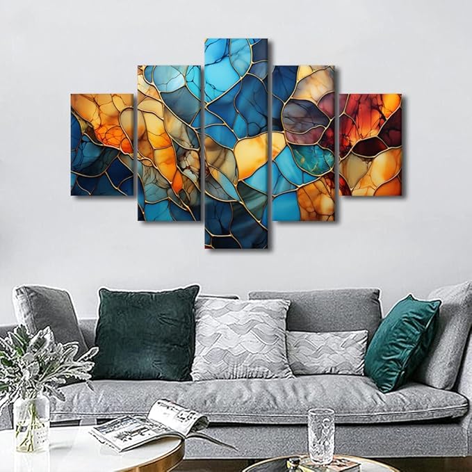 Canvas Wall Art Decor Modern Living Room Wall Art Abstract Autumn and Winter Painting Art 5 Panel Colorful Glass Poster for Men Lady Living Room Home Wall Decor Stretched Ready to Hang 60x40 in
