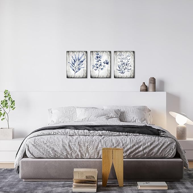 Conipit Navy Blue Botanical Painting Rustic Botanical Wall Art Canvas Minimalist Blue White Leaf Plant Artwork Prints Framed For Living Room Bedroom Wall Decor 12''X16''X3pcs