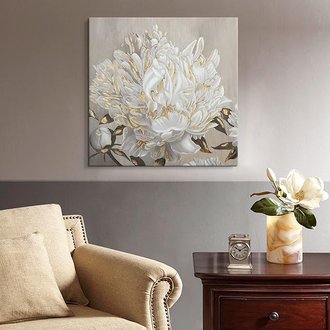 Goldfoilart Floral Wall Art White Blooming Flower Canvas Pictures Modern Paintings with Gold Foil Framed Artwork for Living Room Bathroom Bedroom Kitchen Office Wall Decor 24" x 24"