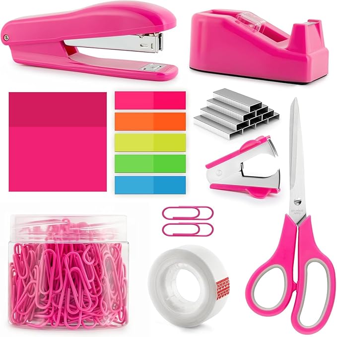 Hot Pink Office Supplies Set for Kids, Stapler and Tape Dispenser for Women, Pink Desk Accessories for Kids, Office Desk Accessories Gift for Women, Boss Lady, Coworkers