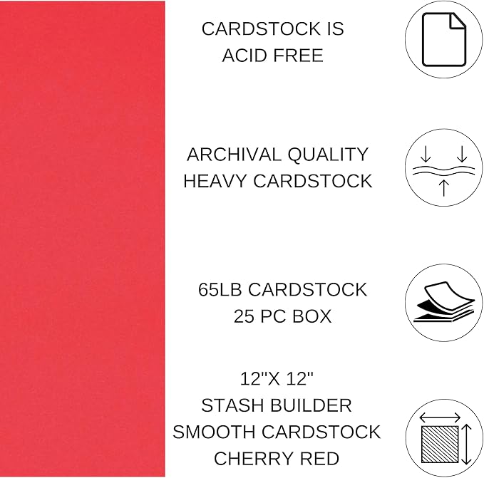 PA Paper Accents Smooth Cardstock 12" x 12" Cherry Red, 65lb colored cardstock paper for card making, scrapbooking, printing, quilling and crafts, 25 piece pack