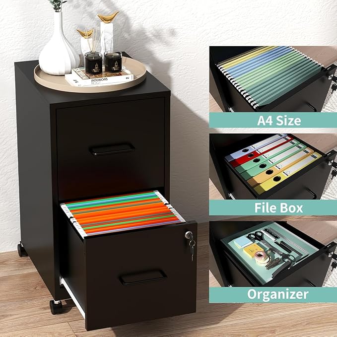 2 Drawer File Cabinet with Wheels, Metal Mobile Filing Cabinets with Lock, Vertical File Cabinet for Home Office, Rolling Storage Cabinet for A4/Letter/Legal Size File, Assembly Required, Black