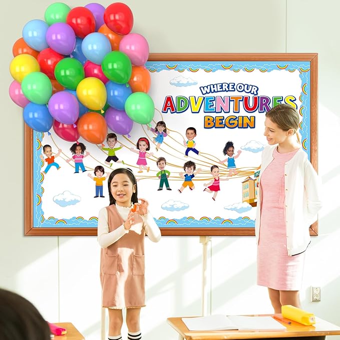 3D Colorful Balloon Bulletin Board Set Adventure Balloon Cloud Classroom Decoration DIY Photo Cutouts Borders Motivational Where Our Adventure Begins Bulletin Board Classroom Wall Party Supplies Decor