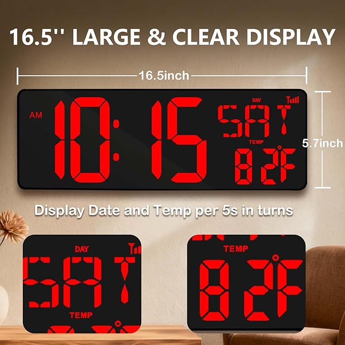 Digital Wall Clock Large Display: 16.5" LED Digital Clock Bluetooth Sync with Remote Control Temperature Date Week Auto DST, Big Wall Clock for Bedreeom Kitchen Living Room Office Gym, Red