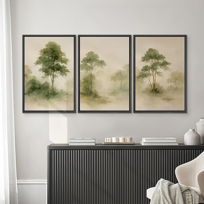 SIGNWIN Framed Canvas Print Wall Art Set Forest Trees Green Nature Landscape Illustrations Modern Art Decorative Nordic Abstract for Living Room, Bedroom, Office - 16"x24"x3 Black