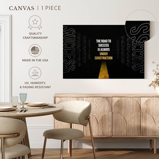 ElephantStock - Work On Your Road To Success Wall Art - Horizontal Canvas Wall Art - Home Office Wall Decor - Digital Art Inspirational And Typography Canvas Art - Black And White Decor - 45" x 30"