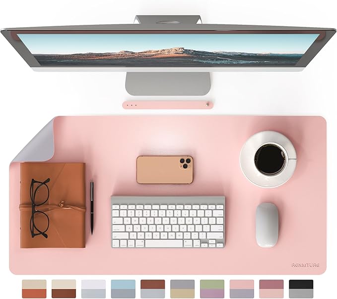 RENMTURE Double-Sided Two-Tone Faux Leather Desk mat Desktop Organization and Accessories Home and Office Large Mouse pad Game and Work (Pink/Gray, 32"x16")